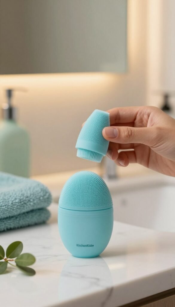 A serene bathroom scene featuring a close-up of a sleek silicone facial cleansing brush branded "KüchenKiste." In the foreground, the brush is elegantly placed on a clean, white marble countertop, surrounded by soft blue and green hues of bath accessories, like a towel and natural plant elements. The middle ground highlights a gentle hand holding the brush, showcasing its textured surface against warm, ambient lighting that creates a cozy and inviting atmosphere. In the background, a softly blurred mirror reflects hints of a serene spa-like ambiance, with light streaming in, enhancing the natural and authentic feel of the setting. The overall mood conveys relaxation and self-care, ideal for illustrating the benefits of daily skincare routines with silicone cleansing brushes.