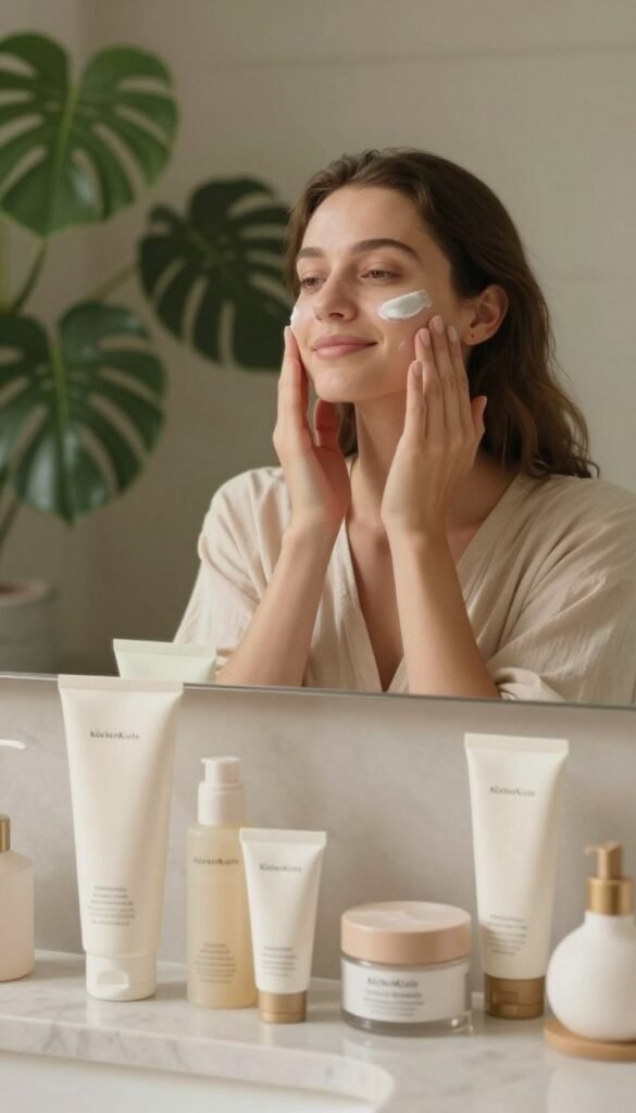 A serene bathroom scene featuring a close-up of a well-organized skincare routine displayed on a marble countertop. In the foreground, there's a gentle arrangement of natural skincare products, such as a cleanser, moisturizer, and sunscreen, each elegantly packaged. The middle layer showcases a hand gently applying a soothing cream to a model’s facial skin, who has a calm and content expression, dressed in a modest, soft-colored top. The background consists of lush greenery and soft, diffused lighting that creates a warm, inviting atmosphere, evoking a sense of tranquility. The image embodies an authentic Pinterest look, emphasizing natural beauty and self-care. No text or branding within the image, but subtly feature the "KüchenKiste" logo on the skincare products.