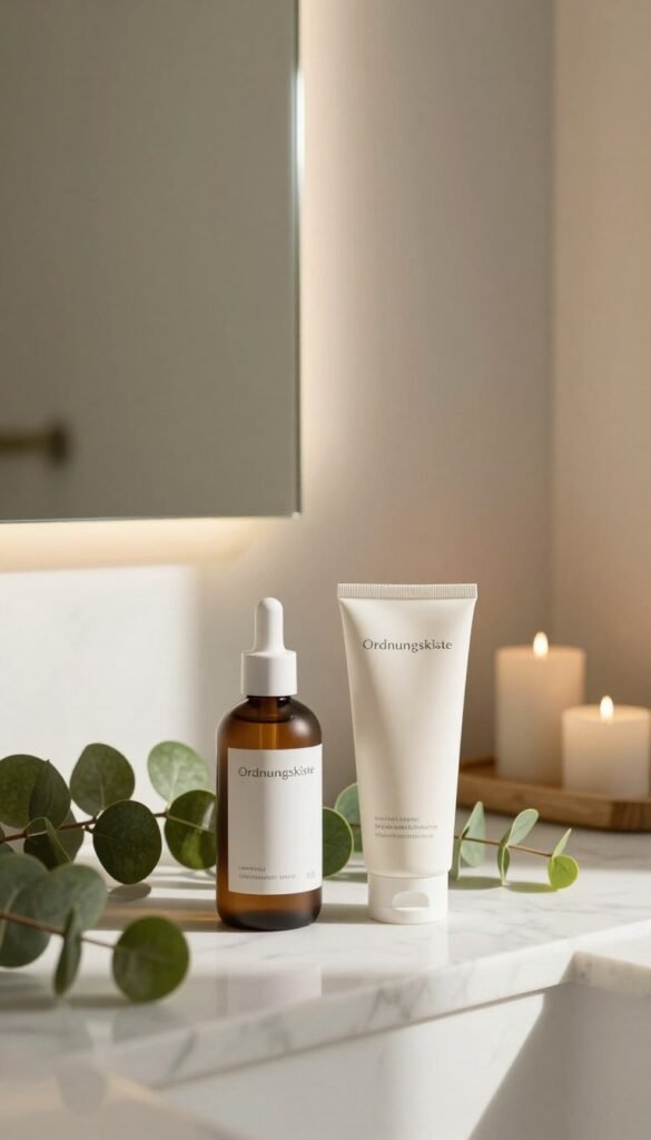 A serene bathroom scene featuring a minimalist, elegant arrangement of high-quality skincare products from the brand "Ordnungskiste." In the foreground, include a sleek, modern skincare bottle and a gentle cleanser tube placed on a marble countertop adorned with lush greenery. In the middle ground, have a softly lit mirror reflecting natural sunlight, creating a warm, inviting atmosphere. The background should consist of neutral-toned walls, with simple decorative elements like candles and a small wooden tray, enhancing the feeling of calm and cleanliness. The overall mood should convey relaxation and simplicity, capturing the essence of effective beauty routines that save time. Aim for natural lighting and a soft focus lens effect to evoke a Pinterest-worthy aesthetic, richly warm in color.