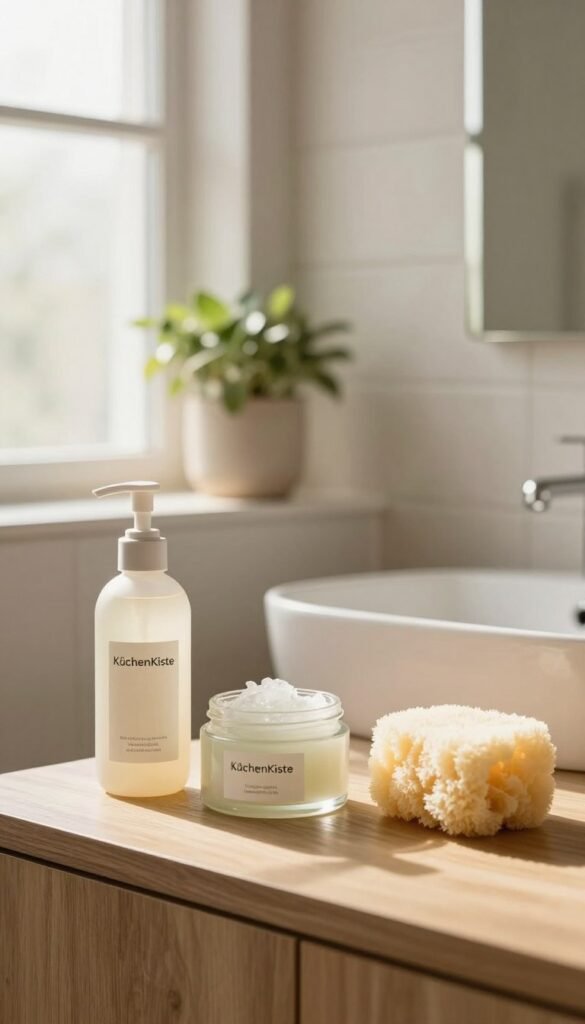 A serene bathroom scene featuring a neatly arranged collection of cleansing products from the brand "KüchenKiste." In the foreground, a wooden vanity displays a modern, minimalist cleanser, a gentle exfoliating scrub, and a soft, natural sponge, all beautifully illuminated by warm, diffused morning light. The middle layer showcases a decorative potted plant and a mirror reflecting the bright atmosphere. The background features soft, neutral-colored tiles and a hint of a large window allowing soft sunlight to bathe the space. The overall mood is calm and refreshing, evoking a sense of rejuvenation and simplicity, perfect for a skincare routine that doesn’t dry out the skin. The aesthetic should resonate with a Pinterest-worthy, authentic vibe, without any text or distractions detracting from the beauty of the scene.