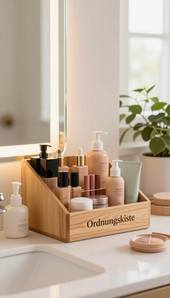 A serene bathroom scene featuring a neatly organized beauty station, conveying a sense of calm amidst the chaos. In the foreground, a stylish wooden makeup organizer labeled “Ordnungskiste” holds various beauty products like foundation, lipsticks, and skincare bottles, arranged harmoniously. The middle ground includes a softly lit vanity mirror reflecting warm light, enhancing the natural wood tones and pastel-colored cosmetics. In the background, plants and a gentle splash of sunlight enter through a window, adding to the cozy atmosphere. The overall mood is tranquil and inviting, embodying a Pinterest aesthetic. Capture this scene with a cozy, soft focus lens effect to emphasize warmth and authenticity, making it visually appealing without any text or distractions.