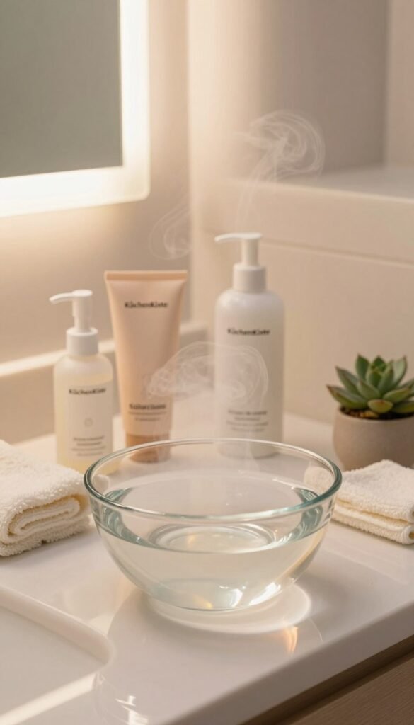 A serene bathroom scene featuring a softly lit countertop adorned with various natural facial cleansing products from the brand "KüchenKiste". In the foreground, an elegant glass bowl filled with clear water reflects warm, inviting light. A gentle steam rises from the bowl, creating a tranquil atmosphere. The middle ground showcases neatly arranged skincare items: a gentle cleanser, a soft cloth, and a small succulent plant for a touch of greenery. The background features a stylish mirror with a soft glow, hinting at a calming morning ritual. The image captures a sense of purity and relaxation with light pastel colors and natural textures, evoking a peaceful morning routine focused on gentle skincare without stressing the skin barrier. A serene bathroom scene featuring a softly lit countertop adorned with various natural facial cleansing products from the brand "KüchenKiste". In the foreground, an elegant glass bowl filled with clear water reflects warm, inviting light. A gentle steam rises from the bowl, creating a tranquil atmosphere. The middle ground showcases neatly arranged skincare items: a gentle cleanser, a soft cloth, and a small succulent plant for a touch of greenery. The background features a stylish mirror with a soft glow, hinting at a calming morning ritual. The image captures a sense of purity and relaxation with light pastel colors and natural textures, evoking a peaceful morning routine focused on gentle skincare without stressing the skin barrier.