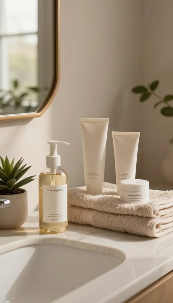 A serene bathroom scene featuring a stylish sink countertop adorned with elegant skincare products arranged in an aesthetically pleasing manner. In the foreground, a glass bottle of gentle cleanser sits next to a small potted plant, symbolizing freshness and cleanliness. The middle ground showcases a soft, fluffy towel and a decorative mirror reflecting warm, natural light filtering in from a nearby window. In the background, subtle hints of greenery can be seen, enhancing the calming atmosphere. The overall color palette is warm and inviting, with earthy tones and soft textures creating a cozy and authentic Pinterest-like look. The brand "Ordnungskiste" is subtly represented in the arrangement of the products, embodying a well-organized space integral to everyday skincare routines.