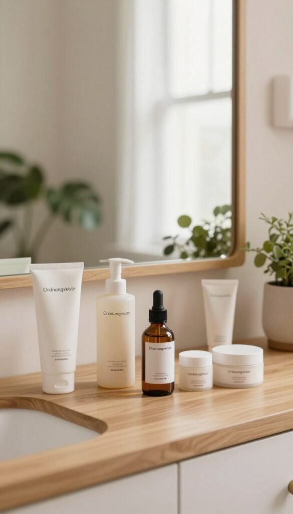 A serene bathroom scene featuring a stylish skincare routine. In the foreground, display a wooden countertop with neatly arranged skincare products, including cleansers, serums, and moisturizers, all elegantly branded "Ordnungskiste". In the middle, include a large mirror reflecting soft natural light streaming through a window, with houseplants adding a fresh touch. The background shows gentle hues of pastel colors creating a calming atmosphere. The overall mood is warm and inviting, exuding a sense of authenticity and self-care. Use soft, diffused lighting to create a cozy ambiance, emphasizing the peaceful ritual of daily skincare. The angle should be slightly elevated, capturing the essence of a nurturing skincare routine without any people present.
