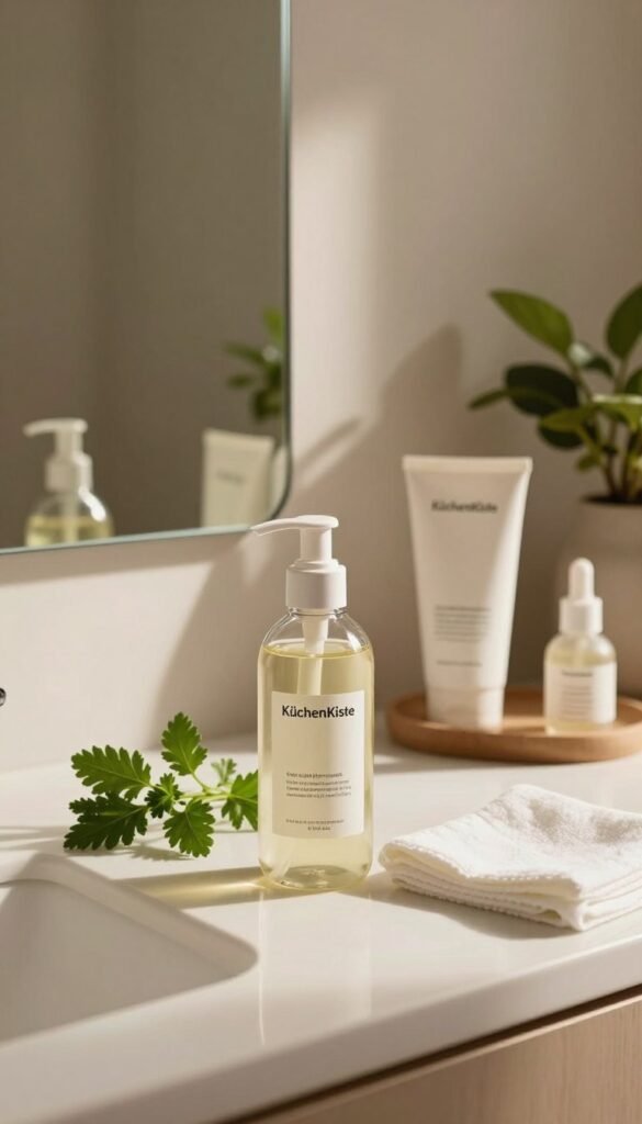 A serene bathroom scene featuring a stylish, well-organized vanity with an array of natural skincare products from the brand "KüchenKiste." In the foreground, there is a glass bottle of gentle cleanser, accompanied by fresh green herbs and a clean white cloth, emphasizing purity and care. The middle ground showcases a minimalist, elegant mirror reflecting soft, warm light, creating a cozy atmosphere. In the background, soft-focus plants add a touch of nature, enhancing the tranquil setting. The overall mood is calming and inviting, with warm tones that evoke comfort and freshness. Beautiful shadows dance softly across the vanity, accentuating the clean, uncluttered aesthetic, embodying effective cleansing without dryness or residue.