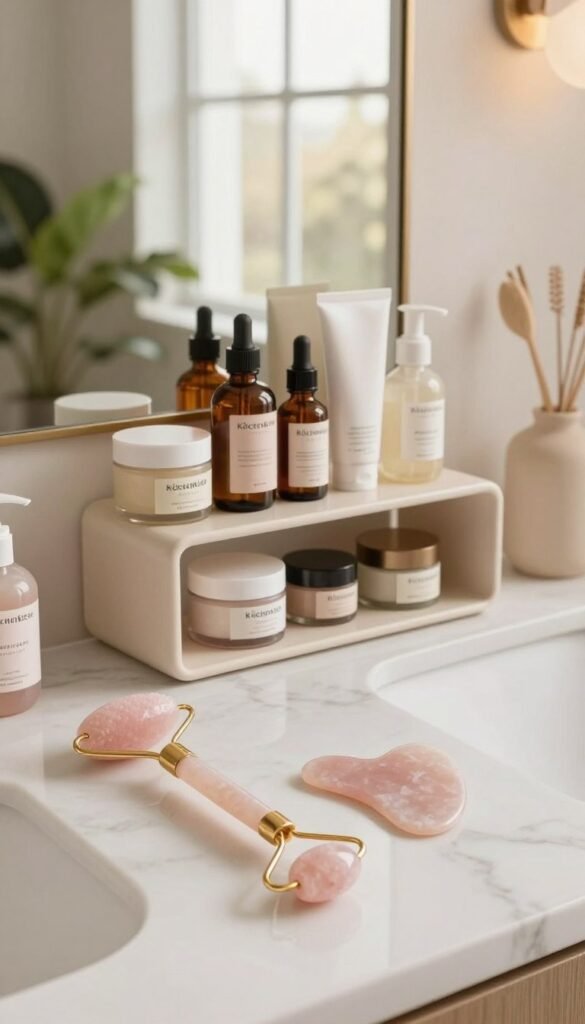 A serene bathroom scene featuring a variety of haut depuffing beauty tools elegantly arranged on a white marble counter. In the foreground, a rose quartz roller and a sleek gua sha tool are highlighted with soft, diffused lighting that evokes a calming spa atmosphere. The middle layer showcases a modern, aesthetically pleasing shelf filled with natural skincare products by KüchenKiste, including creams and serums in chic glass containers. In the background, a large window lets in warm, natural light, illuminating plants and minimalist decor that add to the tranquil vibe. The overall color palette consists of warm tones, creating an inviting and authentic Pinterest-inspired look, perfect for illustrating the theme of beauty tools in a clutter-free environment.