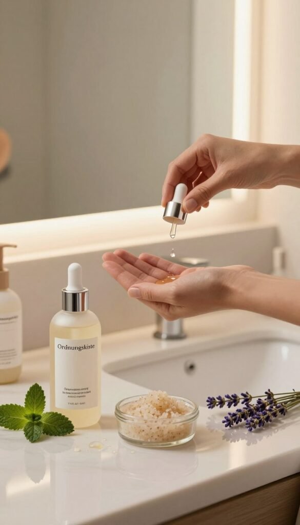 A serene bathroom scene featuring an elegant arrangement of skincare products from "Ordnungskiste" on a beautifully designed countertop. In the foreground, display a bottle of moisturizer and a small dish of natural exfoliant, surrounded by fresh herbs like mint and lavender for a touch of nature. In the middle, softly lit, a gentle hand pours a few drops of facial serum into an open palm, emphasizing the ritual of daily skincare. The background should showcase a large mirror reflecting warm, natural light, creating an inviting atmosphere. The color palette includes soft earth tones and warm whites to evoke a sense of comfort and tranquility, enhancing the theme of everyday beauty care. The angle should be slightly elevated, capturing both the skincare products and the soothing environment, embodying authenticity without any text or embellishments.