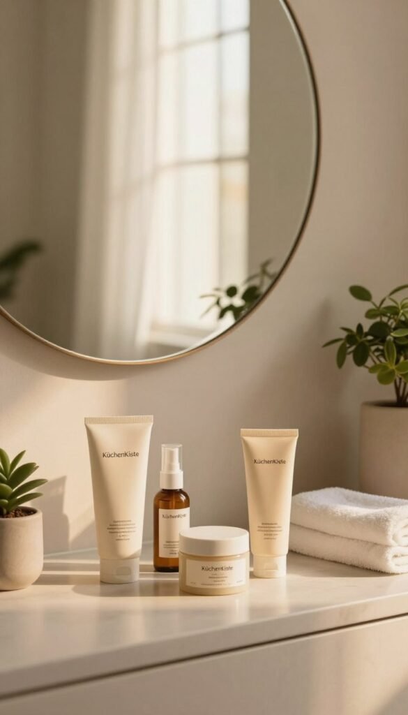 A serene bathroom scene featuring an elegant vanity table with a soft, natural aesthetic. In the foreground, a beautifully arranged selection of skincare products labeled "KüchenKiste," including a cleanser, moisturizer, and sunscreen, all made from natural ingredients. The middle layer showcases a large round mirror reflecting warm, soft lighting that simulates a cozy morning glow. Subtle greenery, such as a small potted plant and white towels, enhances the calming atmosphere. In the background, a window with sheer curtains allows gentle sunlight to filter through, creating a peaceful and inviting ambiance. The color palette consists of warm earth tones, conveying an authentic and modern Pinterest-inspired look. The composition should feel balanced and harmonious, emphasizing cleanliness and simplicity in beauty routines without any text or distractions.