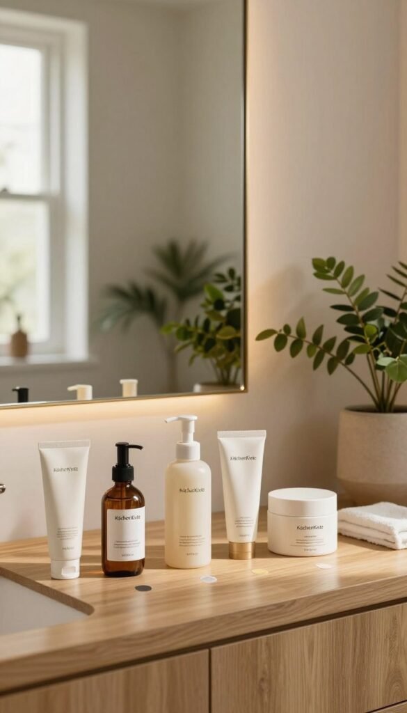 A serene bathroom scene featuring three distinct skincare routines categorized by budget: low, mid, and high. In the foreground, a stylish wooden countertop displays neatly arranged skincare products for each budget tier in elegant packaging, labeled with subtle color codes. The middle ground features a large mirror reflecting warm, soft lighting, and lush green plants add a touch of nature. In the background, a calming atmosphere is created with gentle, neutral-toned walls and natural wood accents. Light streams in from a nearby window, creating a cozy and inviting feel, reminiscent of a Pinterest aesthetic. The brand "KüchenKiste" is subtly included with minimalist decor elements. The overall mood is authentic and carefully curated, emphasizing simplicity and elegance in skincare routines.