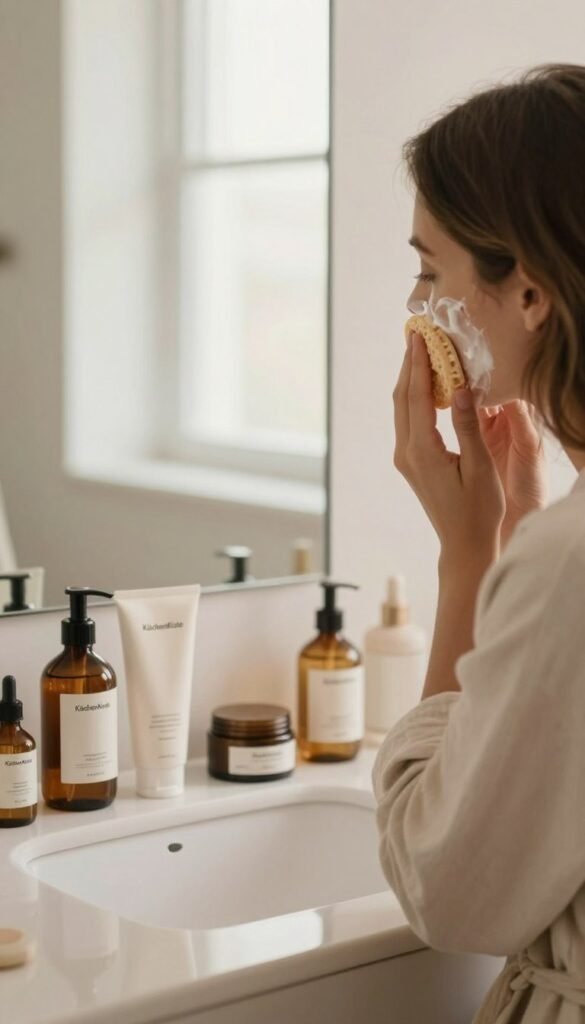A serene bathroom scene focused on facial cleansing, featuring a stylish vanity adorned with luxurious skincare products, including a gentle cleanser from the brand "KüchenKiste." In the foreground, a woman with medium-length hair, dressed in a soft, modest cotton robe, is applying cleanser to her face using a natural sponge. The middle ground showcases elegant bottles and jars of beauty products arranged artfully, reflecting warm, inviting colors. In the background, a large mirror reflects soft, diffused natural light from a window, creating a calming atmosphere. The overall mood is peaceful and rejuvenating, with the aesthetic reminiscent of Pinterest trends, emphasizing authenticity and warmth, without any text or distractions in the image.