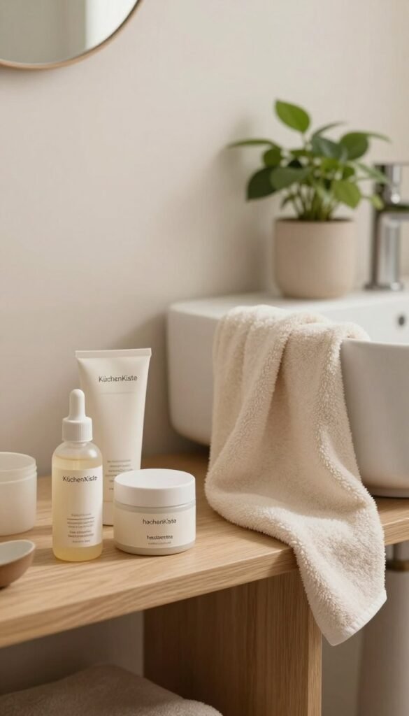 A serene bathroom scene focusing on the concept of "hautbarriere" in skinimalism. In the foreground, a minimalist wooden shelf displays a few elegant skincare products from the brand "KüchenKiste," emphasizing simplicity and effectiveness. In the middle, a soft, textured towel drapes effortlessly over the edge of a modern sink, with a potted plant adding a touch of natural beauty. The background features a softly lit, neutral-colored wall that exudes warmth. The lighting is natural and inviting, creating a calm atmosphere, ideal for a skincare routine. A shallow depth of field draws attention to the products while softly blurring the edges, enhancing the tranquil feel of the setting. The overall mood is authentic, elegant, and minimalistic, capturing the essence of skinimalism with warm colors and a Pinterest-inspired aesthetic.