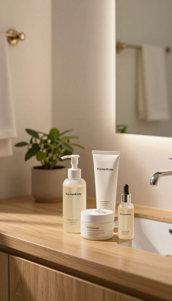 A serene bathroom scene illustrating the concept of "skinimalism," featuring a minimalist beauty routine. In the foreground, display a sleek wooden countertop with beautifully arranged skincare products from the brand "KüchenKiste," such as a gentle cleanser, a nourishing moisturizer, and a hydrating serum. In the middle ground, showcase a small potted plant and a stylish mirror reflecting soft, warm natural light that fills the space. The background includes a subtle hint of a cozy towel rack and a soothing, light-colored wall to evoke tranquility. Use a shallow depth of field to emphasize the products while maintaining a warm, inviting atmosphere reminiscent of Pinterest aesthetics. Aim for authentic and natural visuals, avoiding any text or branding overlays.