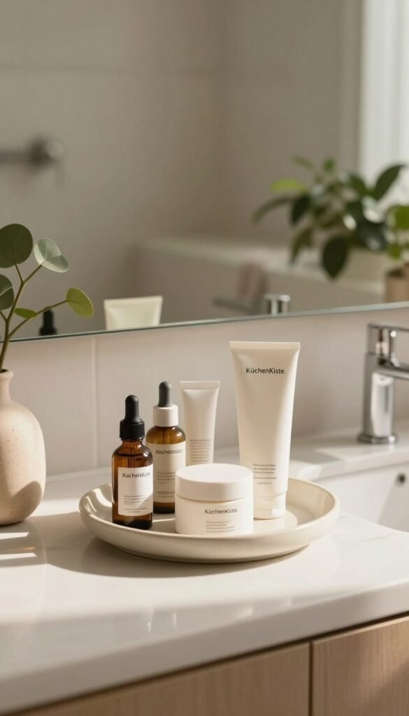 A serene bathroom scene reflecting a morning and evening skincare routine, showcasing an elegant vanity filled with natural skincare products from the brand “KüchenKiste.” In the foreground, a stylish ceramic dish holds a few neatly arranged skincare items like serums and moisturizers, with soft morning light casting gentle shadows. The middle layer features a large mirror, reflecting a peaceful ambiance adorned with plants and soft, warm colors. The background is softly blurred, hinting at a cozy, minimalist bathroom design with calming elements. The overall mood is warm and inviting, emphasizing authenticity and simplicity, evoking a Pinterest-inspired aesthetic without any text or branding overlays. Aim for a professional yet relaxed atmosphere that promotes the importance of proper skincare steps morning and evening.