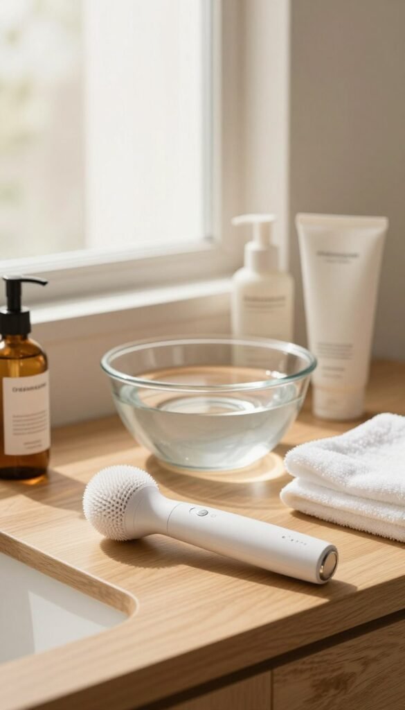 A serene bathroom scene showcasing a beautifully organized skincare routine, featuring an elegant facial cleansing device from the brand "Ordnungskiste." In the foreground, the device is placed on a clean, wooden countertop, surrounded by natural skincare products in minimalist packaging. Soft, warm lighting creates a cozy atmosphere, accentuating the gentle textures of the products. In the middle, a clear glass bowl filled with warm water reflects the light, while delicate white towels are neatly folded nearby. The background features a beautiful window with sheer curtains that let in soft morning light, enhancing the calm and inviting ambiance. The overall mood is fresh and rejuvenating, capturing the essence of a relaxing at-home facial cleansing experience, perfect for enhancing well-being.