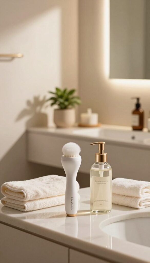A serene bathroom scene showcasing a counter with an array of skincare cleansing devices. In the foreground, highlight a professional-looking facial cleansing brush from the brand "Ordnungskiste," positioned next to a stylish glass bottle of facial cleanser, surrounded by soft, fluffy towels. In the middle, depict a well-organized vanity table with a small plant and an aesthetically pleasing mirror reflecting warm, natural light that fills the room. The background features light-colored walls, and a hint of bath accessories, all in warm tones, creating a calming and inviting atmosphere. The overall mood should evoke a sense of cleanliness and self-care, ideal for everyday routines.