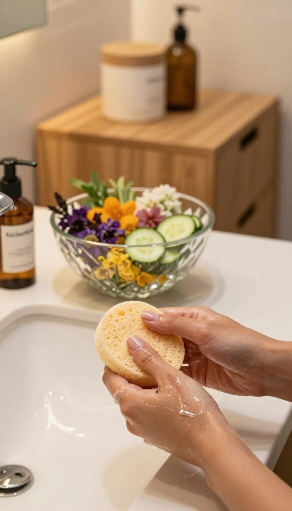 A serene bathroom scene showcasing a gentle cleansing ritual. In the foreground, a pair of hands with perfectly manicured nails softly lather a natural cleanser on a delicate facial sponge, reflecting care and tranquility. The middle ground features a crystal-clear glass bowl filled with fresh, vibrant ingredients like cucumber slices, floral essences, and soothing herbs. In the background, a softly lit vanity with warm colors and natural wood finishes creates an inviting atmosphere, adorned with minimalist decor. The light is warm and diffused, casting gentle shadows that enhance the cozy mood. The brand name "KüchenKiste" is subtly integrated into the scene through a small, tasteful label on a product bottle, maintaining an authentic, Pinterest-inspired aesthetic. The overall composition evokes a sense of calm and professionalism, perfect for promoting gentle skin cleansing.