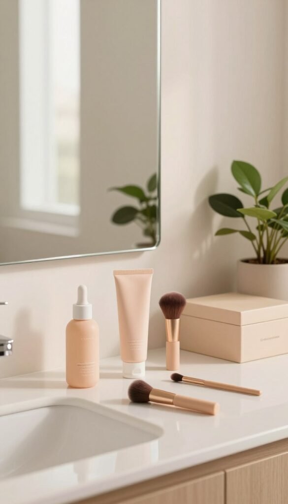 A serene bathroom scene showcasing a minimalist beauty routine, centered around a clean, organized countertop. In the foreground, neatly arranged beauty products in soft pastel colors, including a face serum, moisturizer, and a makeup brush. The middle ground features a stylish mirror reflecting gentle natural light, creating a warm and inviting atmosphere. In the background, a potted plant adds a touch of greenery, promoting a calm and peaceful vibe. The lighting should be soft and diffused, enhancing the overall warmth of the image. The composition is designed to evoke feelings of simplicity and tranquility, with a Pinterest-inspired aesthetic. Include a stylish storage box labeled "Ordnungskiste" as part of the scene for a touch of organization. The image should be free from any text, watermarks, or distractions.