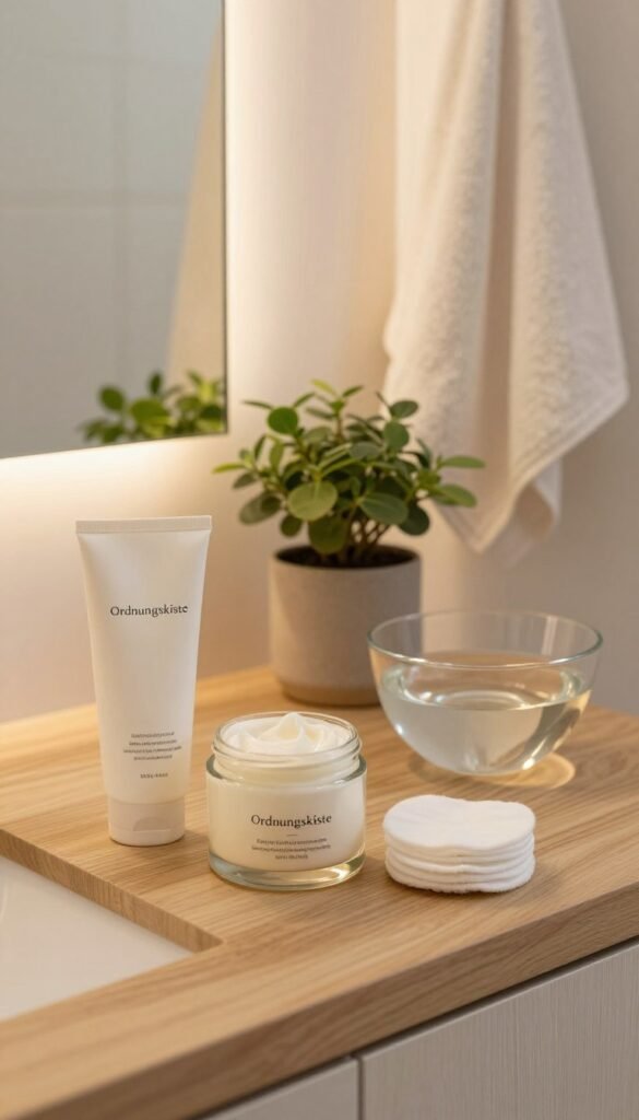 A serene bathroom scene showcasing a natural cleansing ritual for sensitive skin. In the foreground, a beautifully arranged wooden countertop features gentle cleansing products from the brand "Ordnungskiste," including a creamy cleanser in a glass jar and soft cotton pads neatly stacked. The middle ground displays a small potted plant, adding a touch of greenery, while a clear glass bowl with water reflects soft, warm light. In the background, a softly lit mirror reflects the tranquil atmosphere, with delicate towels hanging nearby. The overall lighting is soft and inviting, evoking a sense of calm and comfort, ideal for sensitive skin care. The colors are warm and natural, reminiscent of a Pinterest aesthetic, aiming for authenticity without any text or overlays.