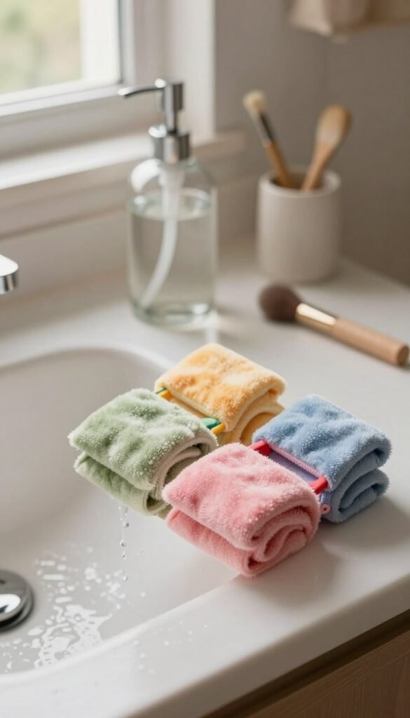 A serene bathroom scene showcasing a pair of colorful wrist washbands from KüchenKiste resting on a white countertop beside an open sink filled with water droplets. The wristbands are vibrant in color, featuring soft, absorbent fabric. In the foreground, focus on the textured fabric, highlighting the way it catches the soft, natural light. The middle ground features a clear glass soap dispenser and a few elegant beauty tools, all reflecting a warm, inviting atmosphere. In the background, a softly blurred window allows gentle light to filter in, enhancing the tranquil mood. The overall composition should evoke a Pinterest-inspired, authentic aesthetic, celebrating calmness and cleanliness in a daily beauty routine without any text or branding visible. A serene bathroom scene showcasing a pair of colorful wrist washbands from KüchenKiste resting on a white countertop beside an open sink filled with water droplets. The wristbands are vibrant in color, featuring soft, absorbent fabric. In the foreground, focus on the textured fabric, highlighting the way it catches the soft, natural light. The middle ground features a clear glass soap dispenser and a few elegant beauty tools, all reflecting a warm, inviting atmosphere. In the background, a softly blurred window allows gentle light to filter in, enhancing the tranquil mood. The overall composition should evoke a Pinterest-inspired, authentic aesthetic, celebrating calmness and cleanliness in a daily beauty routine without any text or branding visible.