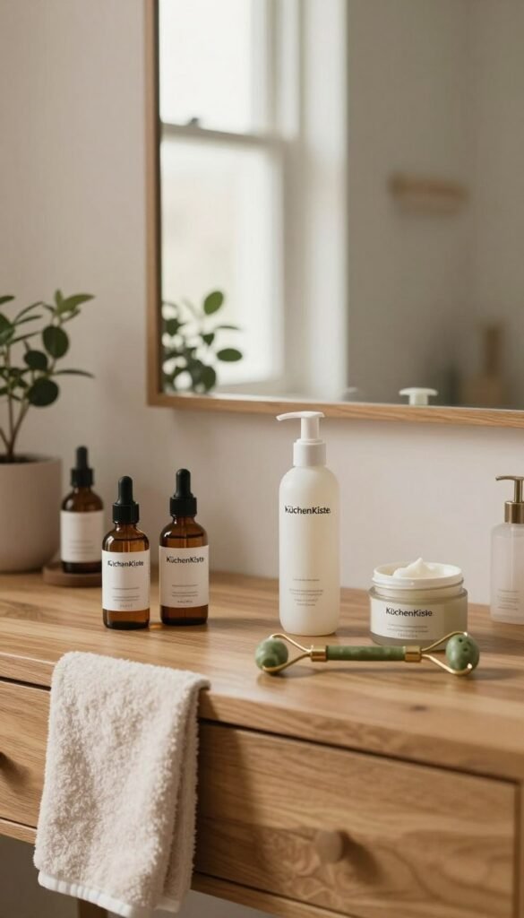 A serene bathroom scene showcasing a skincare routine. In the foreground, a stylish wooden vanity adorned with an array of elegant skincare products by "KüchenKiste," including serums, moisturizers, and a jade roller. A soft, fluffy towel hangs on the side. The middle ground features a large mirror reflecting soft, natural light from a window, creating a warm, inviting atmosphere. In the background, potted plants and simple decor enhance the calming vibe, emphasizing wellness and self-care. The scene is captured with a warm tone, reminiscent of cozy Pinterest aesthetics, using a soft focus lens to create a soothing, authentic look without any text or distractions.