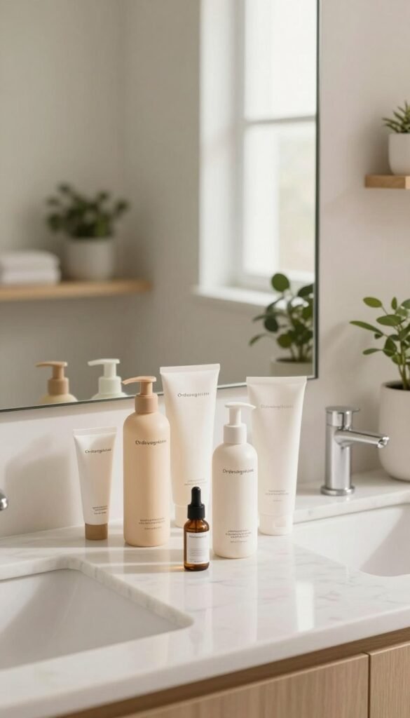 A serene bathroom scene showcasing a stylish, minimalist approach to skincare cleansing. In the foreground, a clean, white marble countertop features an array of aesthetically pleasing skincare products by "Ordnungskiste," arranged neatly with an emphasis on organization. The middle ground displays a large mirror reflecting soft, natural light that illuminates the space, enhancing the warm, inviting atmosphere. The background consists of minimal decorative elements, such as potted plants and simple shelving, to evoke a sense of tranquility. The overall mood is calm and refreshing, ideal for a cleansing ritual. Use soft, diffused lighting to create an inviting ambience, capturing a Pinterest-inspired aesthetic without any text or distractions.