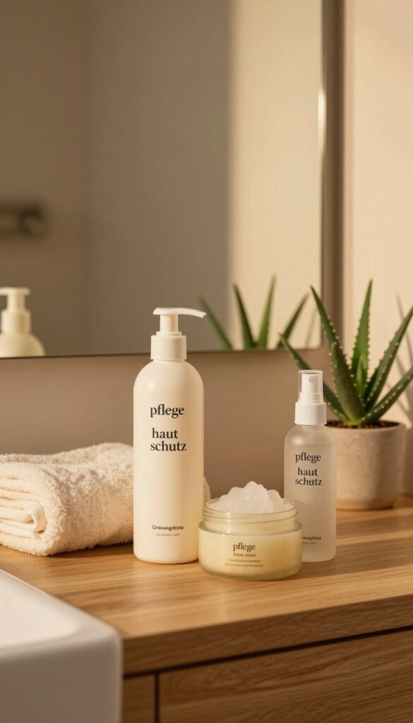 A serene bathroom scene showcasing "pflege haut schutz" products from the brand "Ordnungskiste." In the foreground, a neatly arranged skincare routine featuring a bottle of protective lotion, a gentle exfoliating scrub, and a soothing facial mist elegantly displayed on a wooden vanity. The middle layer includes a soft, fluffy towel and a small, potted aloe vera plant, symbolizing natural healing. The background reveals a softly lit room with warm, inviting colors, highlighting a large mirror reflecting the calming atmosphere. The lighting is warm and diffused, reminiscent of golden hour, creating a peaceful ambiance. The mood is relaxed and nurturing, conveying a sense of easy, everyday skincare without stress.