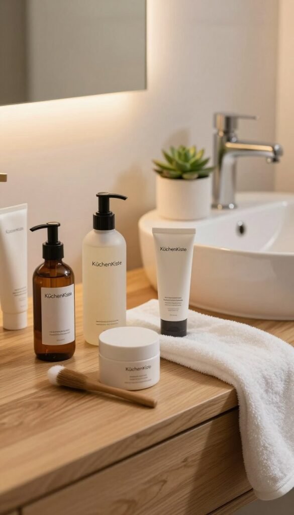 A serene bathroom scene showcasing various haut inhalt produkte for skincare placed artfully on a natural wooden vanity. The foreground features a beautifully arranged set of elegant skincare bottles, jars, and tools by the brand "KüchenKiste," all with sleek and modern designs. The middle ground highlights a soft, fluffy white towel gently draped over the edge of the sink, alongside a potted succulent for a touch of greenery. The background reveals a softly lit mirror reflecting warm, ambient light, creating a calm and inviting atmosphere reminiscent of a Pinterest aesthetic. Use warm, natural colors to enhance the authenticity of the scene, capturing the essence of beauty and self-care without any text or distractions. Focus on a slightly elevated angle, accentuating the layout while maintaining a cozy feel.