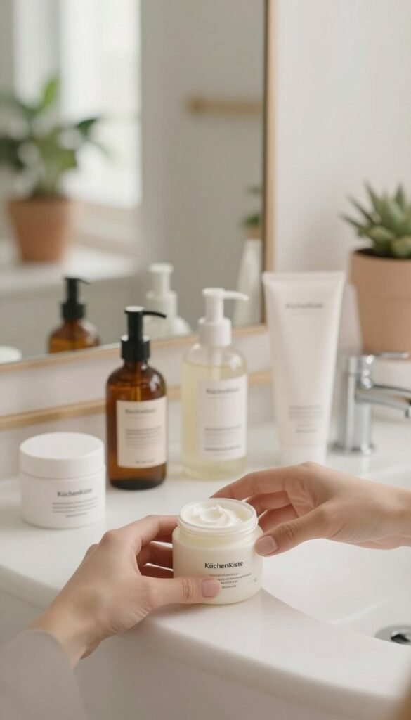 A serene bathroom scene with a well-organized vanity table showcasing an array of skincare products in soft, natural light. In the foreground, a gentle hand is reaching for a jar of cream, symbolizing a longing for care. The middle shows beautifully arranged bottles and jars of serums and moisturizers, some slightly opened, hinting at overuse. In the background, a large mirror reflects a potted plant, enhancing the atmosphere of warmth and tranquility. The color palette is soft and inviting, with warm whites and muted pastels, evoking a Pinterest-inspired aesthetic. The overall mood is contemplative and peaceful, illustrating the delicate balance of skincare without feeling cluttered. The brand name "KüchenKiste" is subtly integrated into the scene through a small product label on one of the jars.