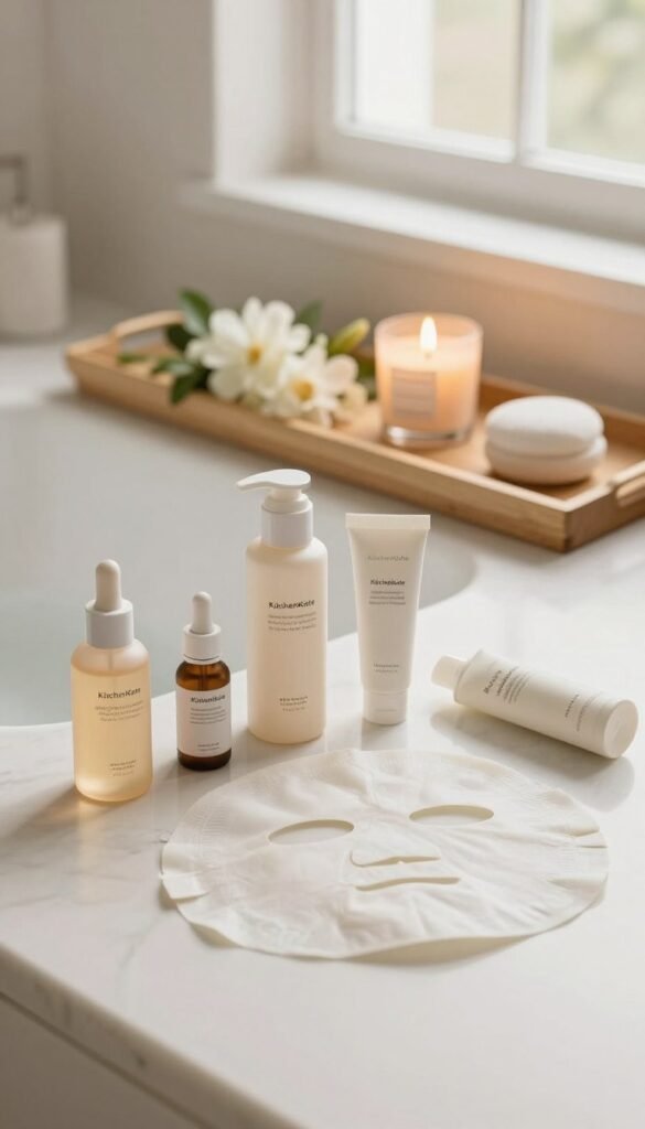 A serene bathroom scene with warm, inviting colors, featuring a well-organized flat lay of a minimalist skincare routine. In the foreground, there are beautifully arranged skincare products, including a serum, moisturizer, and face mask, all elegantly branded with "KüchenKiste." The middle ground showcases a wooden bath tray with fresh flowers and a lit candle to enhance relaxation. The background reveals soft natural light pouring through a window, illuminating the scene and creating a calming atmosphere. The mood is peaceful and efficient, emphasizing a quick-start beauty routine. Capture this aesthetic with a soft focus, using a wide-angle lens to encompass the entire setting, ensuring authenticity and warmth without text or markings.