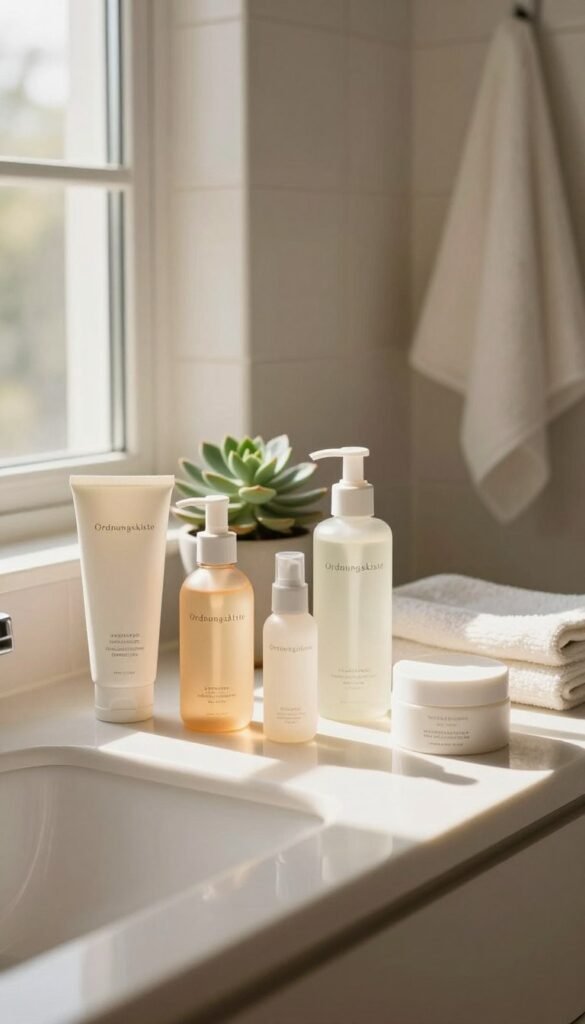 A serene bathroom scene with warm, natural colors and a Pinterest-inspired aesthetic. In the foreground, a sleek, minimalist countertop displays an array of elegant skincare products from the brand "Ordnungskiste," including face cleansers and toners in aesthetically pleasing bottles. A gentle stream of sunlight filters through a nearby window, illuminating the space and creating a soft glow on the products. In the middle ground, a small succulent plant adds a touch of greenery, enhancing the calming atmosphere. In the background, pale tiles and soft towels create a clean, inviting space, signifying a commitment to effective cleansing without irritation. The mood is tranquil and uplifting, perfect for illustrating a routine that promotes a clear, healthy complexion. No text or watermarks are present, ensuring focus on the visualization.