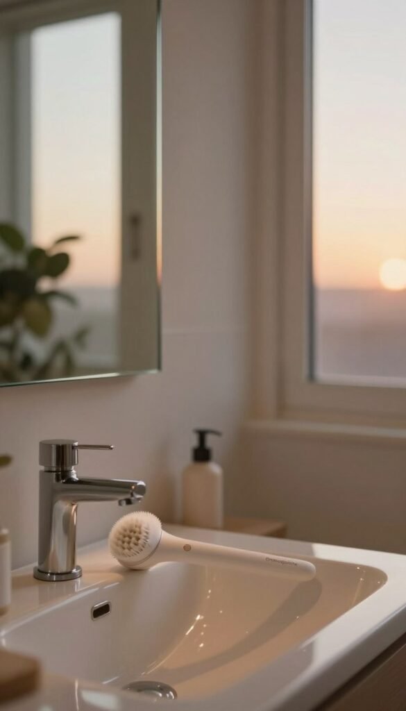 A serene bathroom setting at dawn and dusk, symbolizing "mornings and evenings." In the foreground, an elegant electric facial brush from the brand "Ordnungskiste" rests on a white ceramic sink, illuminated by soft, warm light. The middle space features a clear glass mirror reflecting a cozy, inviting atmosphere with a hint of soft natural foliage in the background. On one side, morning sunlight streams through a window, creating a peaceful ambiance, while the other side shows gentle, fading evening light, highlighting calm gradients. The overall mood evokes a sense of tranquility and self-care, with inviting colors akin to a Pinterest aesthetic, ensuring an authentic and warm atmosphere, free of any text or distractions.