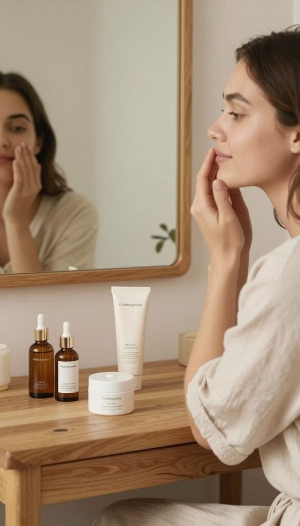 A serene bathroom setting bathed in warm, natural light, featuring a wooden vanity adorned with a selection of skincare products including a serum, a cream, and a sunscreen, all neatly arranged with a touch of elegance. In the foreground, a young woman with a glowing complexion, dressed in a modest casual outfit, thoughtfully applying serum to her face with a gentle expression, symbolizing the correct order of skincare application. The scene reflects Pinterest aesthetics with soft, earthy colors and an inviting atmosphere, while a mirror in the background captures the moment of care. The products are labeled with the brand name "Ordnungskiste," emphasizing order and organization in skincare.