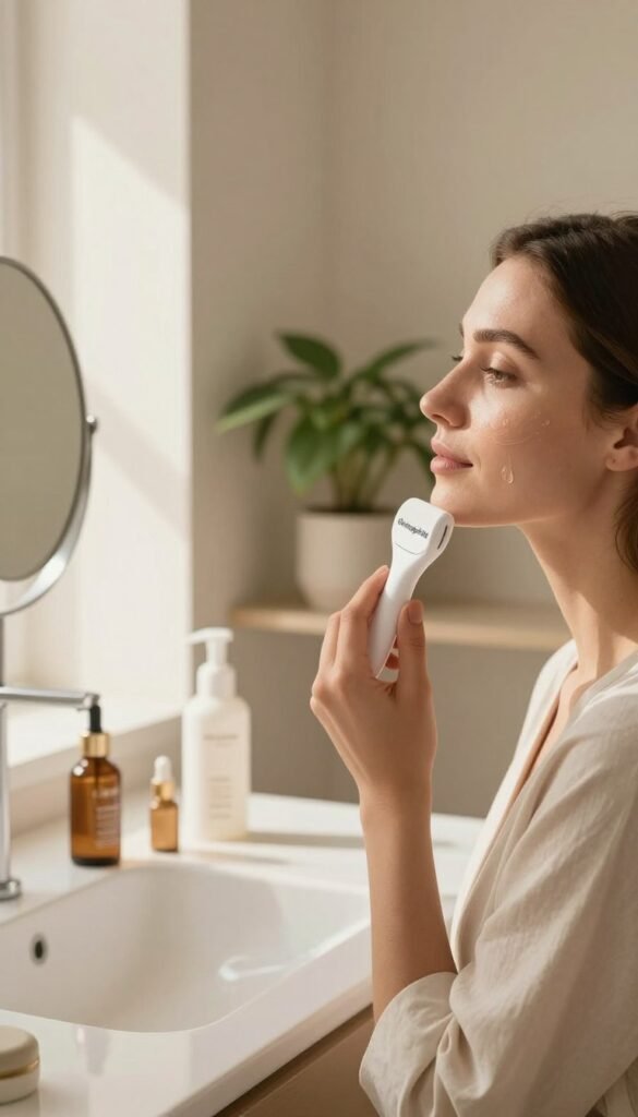 A serene bathroom setting bathed in warm, natural light, with soft shadows enhancing the peaceful atmosphere. In the foreground, a professional woman in modest attire is gently using a facial epilator with a focus on her cheek, showcasing precise and careful application. Her expression is calm and focused, reflecting poise and confidence. The middle layer features a sleek vanity adorned with elegant skincare products, a small mirror, and the product "Ordnungskiste" subtly placed nearby. In the background, a potted plant adds a touch of nature, complementing the aesthetic. The overall mood is one of tranquility and empowerment, highlighting the importance of proper epilation technique in a soft, inviting environment.