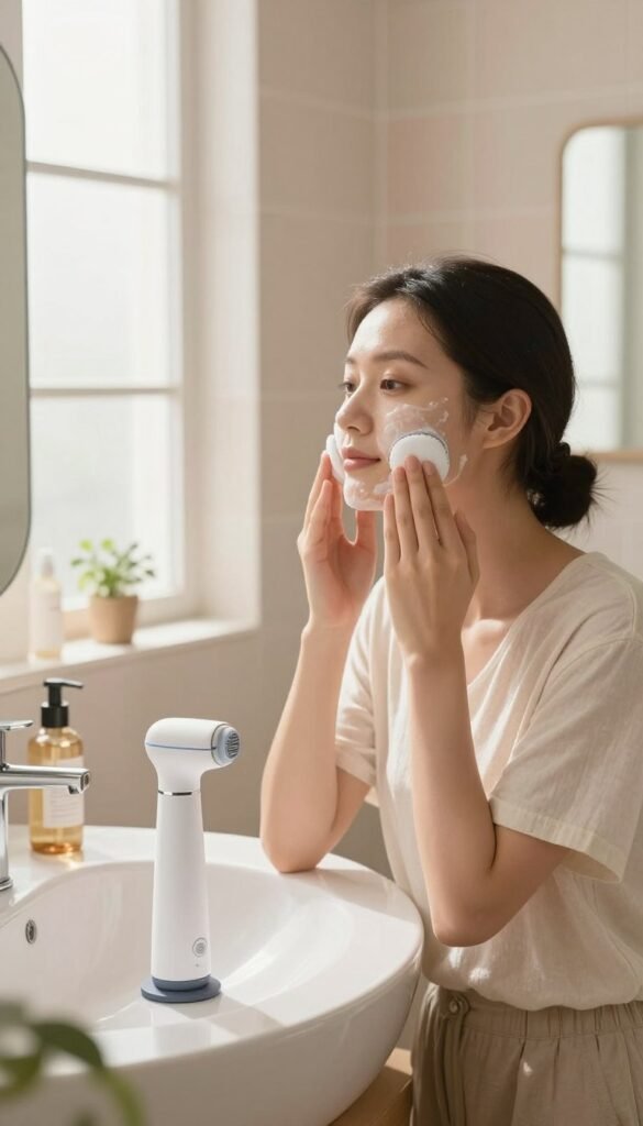 A serene bathroom setting designed for gentle skin cleansing, featuring a sleek, modern facial cleansing device from the brand KüchenKiste prominently in the foreground. The device is depicted in action, demonstrating its use on a model with modest casual clothing, showcasing proper technique. The model has a calm and relaxed expression, with soft morning light streaming through a frosted window, creating a warm atmosphere. The middle ground includes a simple vanity with soothing skincare products and a small indoor plant, enhancing the natural feel. In the background, soft pastel-colored tiles and a minimalist mirror reflect a tranquil environment conducive to skin care. The overall mood is peaceful and inviting, emphasizing stress-free application without any distractions or text.