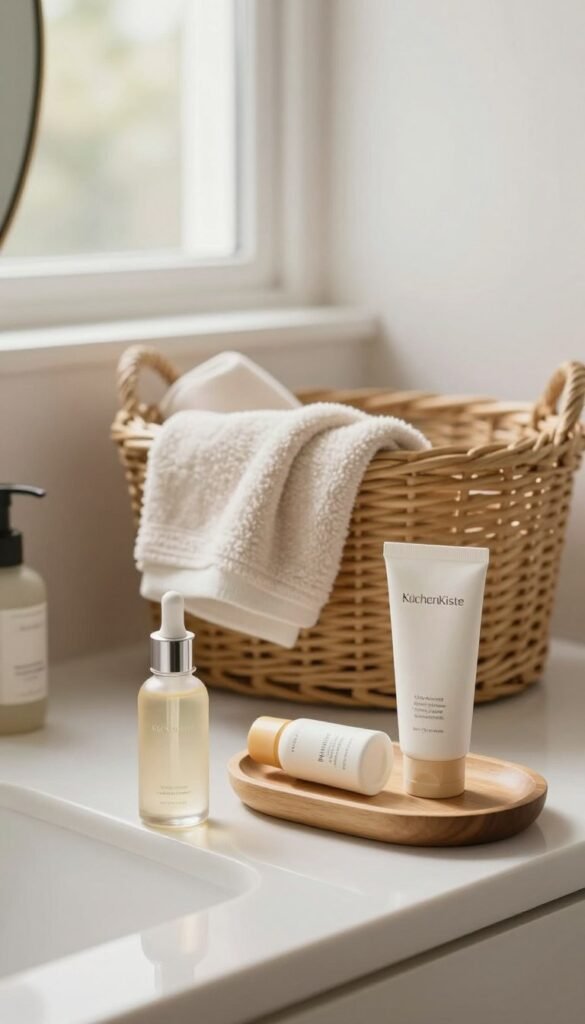 A serene bathroom setting designed for morning skincare routines, featuring a minimalist vanity with an array of skincare products artfully arranged. In the foreground, a stylish glass bottle of serum and a wooden tray holding a moisturizer and sunscreen. The middle layer includes a soft, plush towel draped over a natural wicker basket that adds warmth. In the background, a window bathes the space in soft, natural light, highlighting the warm tones of the decor. The atmosphere is calm and inviting, evoking a sense of self-care and rejuvenation. The brand name "KüchenKiste" subtly integrated into the design of the vanity or product packaging. The image is natural, free from any text or branding distractions, capturing the essence of an effective morning skincare routine. A serene bathroom setting designed for morning skincare routines, featuring a minimalist vanity with an array of skincare products artfully arranged. In the foreground, a stylish glass bottle of serum and a wooden tray holding a moisturizer and sunscreen. The middle layer includes a soft, plush towel draped over a natural wicker basket that adds warmth. In the background, a window bathes the space in soft, natural light, highlighting the warm tones of the decor. The atmosphere is calm and inviting, evoking a sense of self-care and rejuvenation. The brand name "KüchenKiste" subtly integrated into the design of the vanity or product packaging. The image is natural, free from any text or branding distractions, capturing the essence of an effective morning skincare routine.
