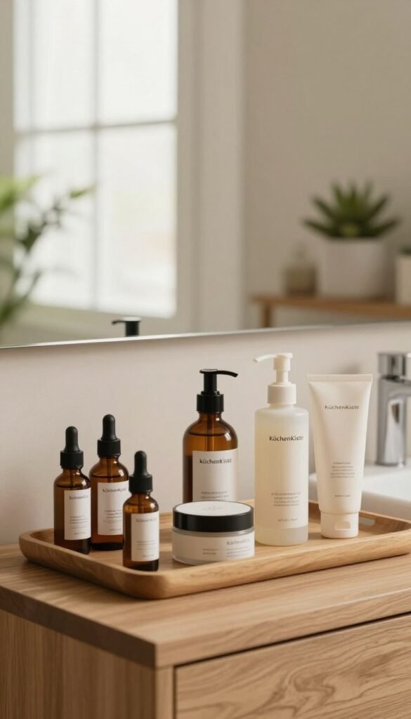 A serene bathroom setting designed for skincare layering, featuring a minimalist area with a wooden vanity showcasing various natural skincare products by KüchenKiste. In the foreground, a well-organized tray holds essential items like serums, moisturizers, and toners, arranged in an aesthetically pleasing manner with warm, inviting colors. In the middle ground, a soft, neutral-toned mirror reflects the scene, with gentle natural light filtering in through a frosted window, creating a calm atmosphere. In the background, there are subtle hints of plants, like succulents or bamboo, enhancing the fresh vibe of the setting. The overall mood is tranquil and nurturing, reflecting an approachable and effective skincare routine.