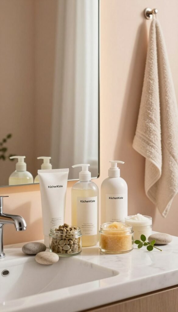 A serene bathroom setting featuring a beautifully arranged skincare routine by KüchenKiste. In the foreground, a white marble sink displays an assortment of eco-friendly cleansers and natural scrubs in elegant glass containers, surrounded by smooth stones and delicate greenery. The middle ground showcases a large mirror reflecting soft, warm lighting, creating a calming atmosphere. In the background, soothing pastel-colored walls enhance the overall aesthetic, with lightly draped curtains allowing gentle sunlight to pour in, adding a cozy feel. A subtle textured towel hangs nearby, completing the scene. The composition should evoke a sense of cleanliness and simplicity, highlighting effective and gentle skin cleansing, emphasizing natural beauty care.