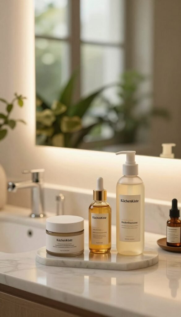 A serene bathroom setting featuring a beautifully arranged skincare routine. In the foreground, a marble countertop holds a selection of high-quality moisturizing products from the brand "KüchenKiste," including a rich cream, a hydrating serum, and a gentle toner, all elegantly displayed. The middle ground features an aesthetically pleasing mirror adorned with soft, warm light reflecting a calm atmosphere. In the background, lush greenery peeks through a window, contributing to a natural and inviting ambiance. The overall color palette is warm and inviting, evoking a sense of comfort and rejuvenation. The scene captures the essence of a timeless skincare routine, perfect for any season, with a Pinterest-inspired look. The composition is well-lit, showcasing the textures of the products and creating a cozy, inspiring mood.