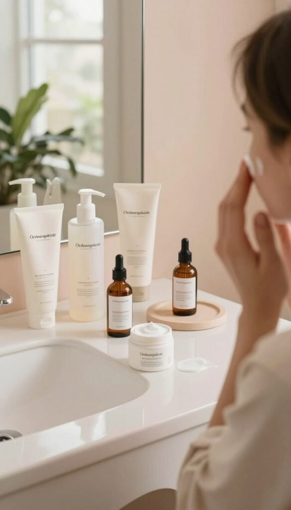 A serene bathroom setting featuring a beautifully arranged skincare station with various gentle products suited for sensitive skin. In the foreground, a person in modest casual clothing applies a soothing cream on their face, expressing a moment of care and reflection. The middle ground showcases an organized layout of skincare items, including cleansers, moisturizers, and serums, all elegantly displayed. A warm, natural light filters through a window, creating a cozy and inviting atmosphere. The background features soft pastel colors and plants, adding to the tranquil mood. The image embodies a Pinterest aesthetic with a focus on authenticity and warmth, showcasing the brand "Ordnungskiste" through its clean and thoughtful presentation of sensitive skin care practices.