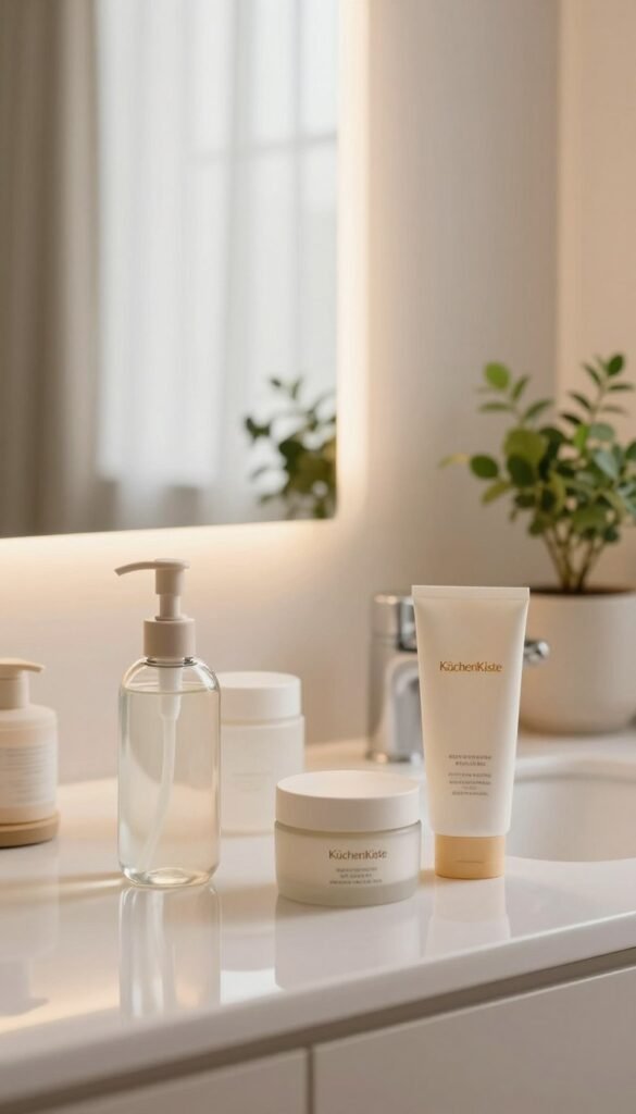 A serene bathroom setting featuring a beautifully arranged vanity table. In the foreground, a clear glass cleanser bottle, a delicate toner in a frosted container, and a stylish moisturizer jar, all elegantly displayed. Adjacent, a chic sunscreen bottle. The middle ground showcases a soft, warm-lit mirror reflecting natural light filtering through a nearby window adorned with sheer curtains. In the background, gentle touches of greenery, like a small potted plant, add a lively feel. The warm color palette includes soft beiges and muted whites, exuding a calming atmosphere. The overall mood is authentic and inviting, perfect for a beauty care routine. Subtly include the brand name "KüchenKiste" in an elegant font on one of the products.
