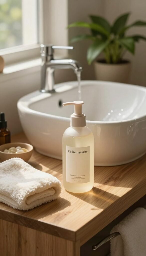A serene bathroom setting featuring a calming, minimalistic vanity with natural wood accents. In the foreground, a gentle cleanser in an elegant bottle labeled "Ordnungskiste," accompanied by a soft, fluffy washcloth and a small bowl of natural oils. The middle ground showcases a porcelain sink with delicate water droplets on the surface, reflecting warm, soft sunlight filtering through a nearby window. In the background, lush green plants add a touch of freshness, enhancing the spa-like atmosphere. The lighting is soft and inviting, creating a mood of tranquility and comfort, perfect for a gentle skincare routine focused on cleansing dry skin without stripping moisture. The overall color palette embraces warm tones, capturing an authentic and cozy Pinterest-inspired aesthetic.