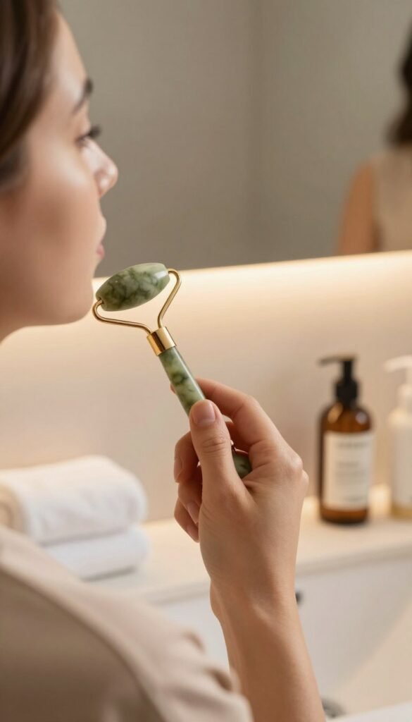 A serene bathroom setting featuring a close-up of a well-designed facial roller in use. The foreground showcases a person's hand, elegantly gripping a jade roller, applying gentle pressure to the jawline. The subject is dressed in a stylish, modest outfit, ensuring professionalism. In the middle, a mirror reflects the soft glow of warm, ambient lighting, highlighting the smooth contours of the face. The background includes soft white towels and elegant skincare products arranged neatly to evoke a sense of calmness and luxury. The color palette is warm and inviting, resembling a Pinterest aesthetic, with smooth textures and blurred edges to create depth. The scene emphasizes relaxation and self-care, attributing the design to "Ordnungskiste," ensuring a contemporary and authentic feel.