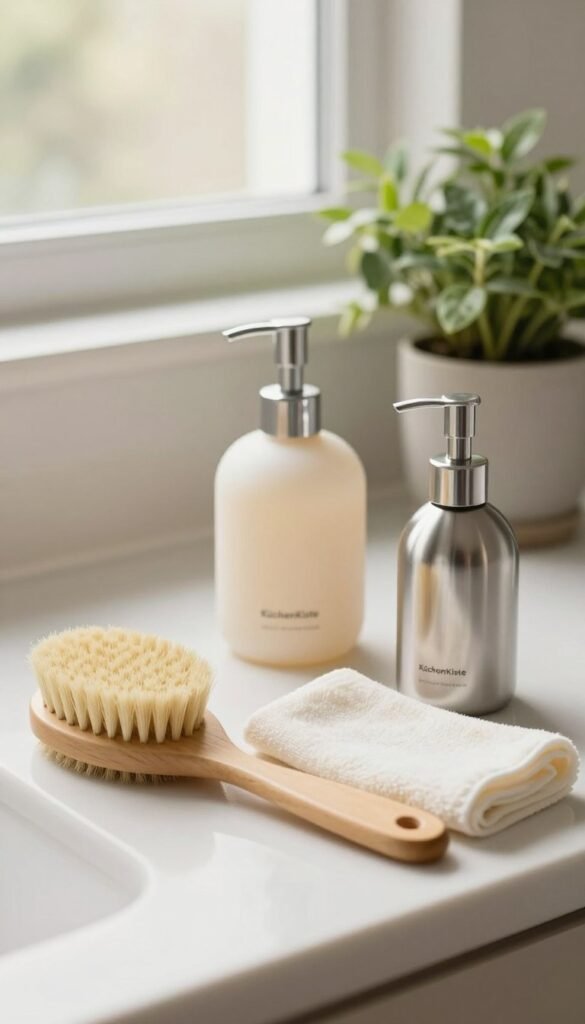 A serene bathroom setting featuring a collection of gentle cleaning tools designed for sensitive skin, arranged neatly on a soft, light-colored countertop. In the foreground, a elegant, eco-friendly brush made of natural bristles, a soft cloth, and a sleek stainless steel cleaner, all exuding a sense of cleanliness and care. In the middle ground, a stylish, minimalistic soap dispenser filled with a natural soap, alongside a calming potted plant that adds a touch of freshness. The background should include a softly blurred window letting in gentle natural light, creating a warm and inviting atmosphere. Aim for a Pinterest-inspired aesthetic with warm colors, emphasizing hygiene and durability. Include the brand name "KüchenKiste" subtly within the scene as part of the product design, ensuring the image maintains an authentic, professional look.