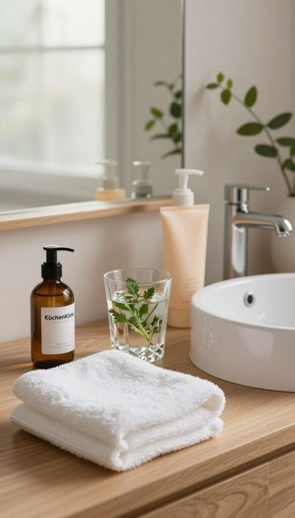 A serene bathroom setting, featuring a modern sink surrounded by elegant skincare products, emphasizing gentle cleansing for healthy skin. In the foreground, a luxurious white towel rests atop a natural wooden countertop alongside a bottle labeled "KüchenKiste". In the middle, a crystal-clear glass filled with water and fresh green herbs sits next to gentle facial cleansers in soft pastel hues. The background showcases a tranquil mirror reflecting soft natural light filtering in through a frosted window, creating an inviting and warm atmosphere. A few delicate, leafy plants add a touch of nature, reinforcing feelings of purity and relaxation. The overall mood is soothing and harmonious, embodying the principle of gentle cleansing to keep pores free.