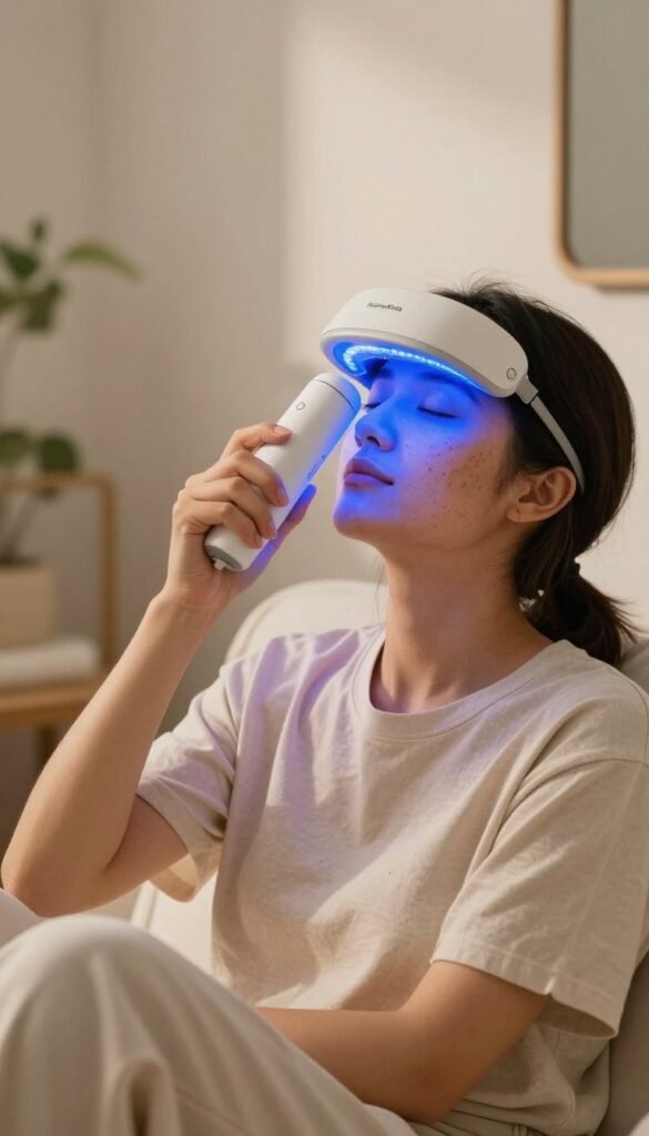 A serene bathroom setting featuring a person sitting comfortably, gently applying a blue light therapy device to their face, targeting areas with acne. The person is dressed in modest casual clothing, conveying a sense of relaxation and self-care. Warm, natural lighting fills the room, highlighting the soothing tones of the decor, with hints of greenery in the background for a calming effect. The blue light from the device casts a soft glow on the skin, emphasizing its therapeutic qualities. The scene is captured from a slightly elevated angle, focusing on the facial expression of tranquility and hope. The brand name "KüchenKiste" subtly integrated into the room's decor without being prominent, creating an inviting atmosphere.