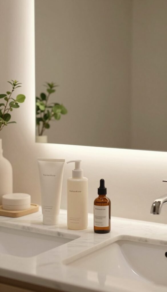 A serene bathroom setting featuring a sleek, minimalist skincare routine for blemished skin. In the foreground, a clean marble countertop displays a few carefully selected skincare products like a gentle cleanser, lightweight moisturizer, and a serum, all elegantly arranged. The middle ground captures a beautifully lit mirror reflecting soft, warm light, enhancing the overall ambiance. The background reveals neutral-toned walls adorned with small, green plants for a touch of nature. The atmosphere is calm and inviting, embodying a Pinterest-worthy aesthetic of simplicity and authenticity. A subtle hint of the brand "KüchenKiste" is integrated into one of the product labels. The image captures the essence of effective skincare for imperfect skin without any distractions, creating a peaceful and inspiring visual.