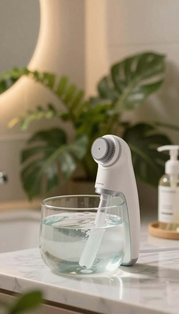 A serene bathroom setting featuring a sleek, modern pore cleaner filled with clear water, showcasing its unique vacuum and water circulation technology. In the foreground, the pore cleaner is elegantly placed on a marble countertop, with gentle light reflecting off its smooth surface. The middle ground reveals a blurred backdrop of lush green plants, contributing to a calming, spa-like atmosphere. Soft, warm lighting enhances the soothing vibe, inviting relaxation and self-care. Include subtle hints of skin care products in stylish packaging for an added touch of authenticity. The brand name "KüchenKiste" is discreetly integrated into the composition without any text overlay. Aim for a Pinterest-inspired aesthetic, emphasizing natural colors and a clean design.