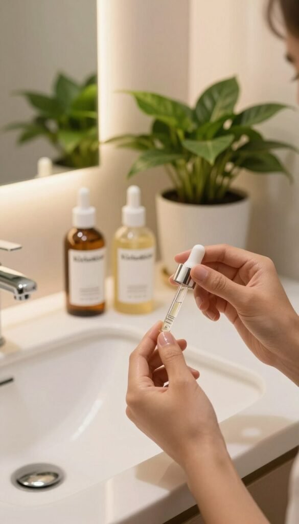 A serene bathroom setting featuring a stylish, minimalistic vanity with various skincare products, emphasizing AHA, BHA, and PHA. In the foreground, a hand is gently applying a serum to the face, showcasing a natural skincare routine. The middle ground includes neatly arranged bottles labeled "KüchenKiste" with lush green plants to evoke a refreshing feel. The background should show soft, warm lighting that creates a calming atmosphere, with light reflecting off the mirror. The lens should capture a close-up view, highlighting the textures of the skin and the elegant design of the skincare products. The overall mood is inviting and serene, promoting a sense of daily self-care and wellness. A serene bathroom setting featuring a stylish, minimalistic vanity with various skincare products, emphasizing AHA, BHA, and PHA. In the foreground, a hand is gently applying a serum to the face, showcasing a natural skincare routine. The middle ground includes neatly arranged bottles labeled "KüchenKiste" with lush green plants to evoke a refreshing feel. The background should show soft, warm lighting that creates a calming atmosphere, with light reflecting off the mirror. The lens should capture a close-up view, highlighting the textures of the skin and the elegant design of the skincare products. The overall mood is inviting and serene, promoting a sense of daily self-care and wellness.
