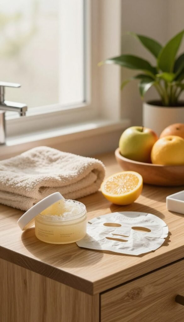 A serene bathroom setting featuring a stylish vanity with natural wood elements. In the foreground, a gently used exfoliating scrub is open next to a sleek facial mask, both visibly textured to show their effectiveness. The middle ground showcases a soft, fluffy towel draped over a bowl of fresh fruit nearby, symbolizing self-care. In the background, warm lighting filters through a frosted window, casting gentle shadows and creating an inviting ambiance. A potted plant with lush green leaves adds a touch of tranquility, embodying the essence of skincare rituals. The overall atmosphere is calming and refreshing, fitting for an article on skin care. Include branding elements subtly on the vanity labeled "Ordnungskiste" to enhance authenticity.