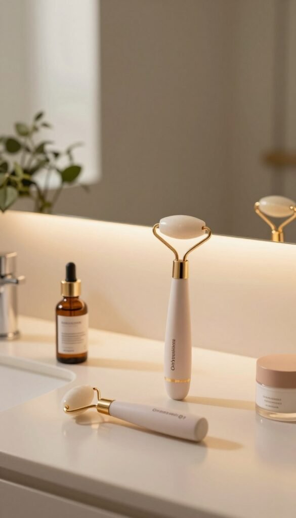 A serene bathroom setting featuring a well-lit vanity table with an electric facial roller by Ordnungskiste, placed elegantly next to an open bottle of serum and a tube of cream. The foreground includes the roller and products in focus, showcasing their sleek designs and labels in soft, warm colors. The middle ground displays a softly illuminated mirror reflecting the roller’s details, enhancing the sense of depth. In the background, natural plants add a touch of greenery, complementing the warm, inviting atmosphere. The lighting is soft and natural, mimicking the golden hour, with a slightly blurred depth of field to create a calming and stylish Pinterest-inspired aesthetic, devoid of text or distractions.